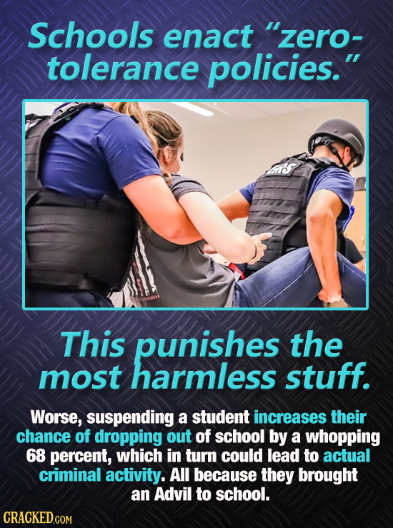 Schools enact zero- tolerance policies. This punishes the most harmless stuff. Worse, suspending a student increases their chance of dropping out of
