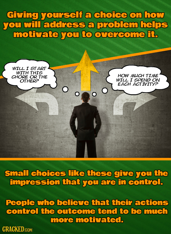 Giving yourself a choice on how you will address a problem helps motivate you to overcome it. WILL I START WITH THIS CHORE OR THE HOW MUICH TIME OTHER