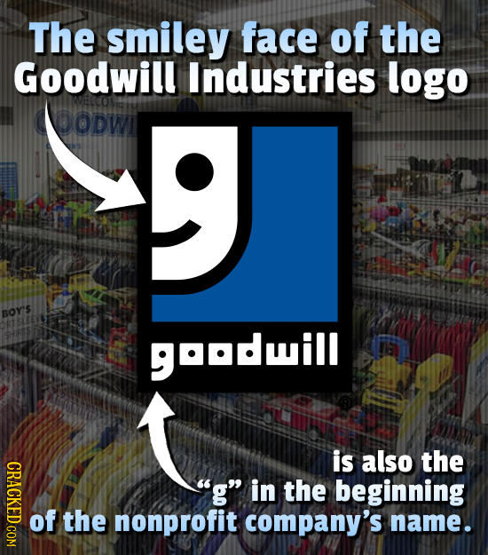 The smiley face of the Goodwill Industries logo DODWI 9 BOY'S GOODil is also the CRACKED COM g in the beginning of the nonprofit company's name.