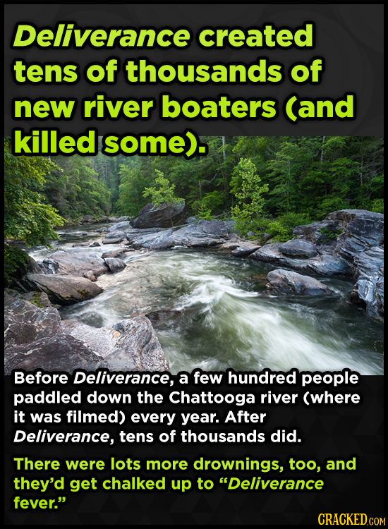 Deliverance created tens of thousands of new river boaters (and killed some). Before Deliverance, a few hundred people paddled down the Chattooga rive