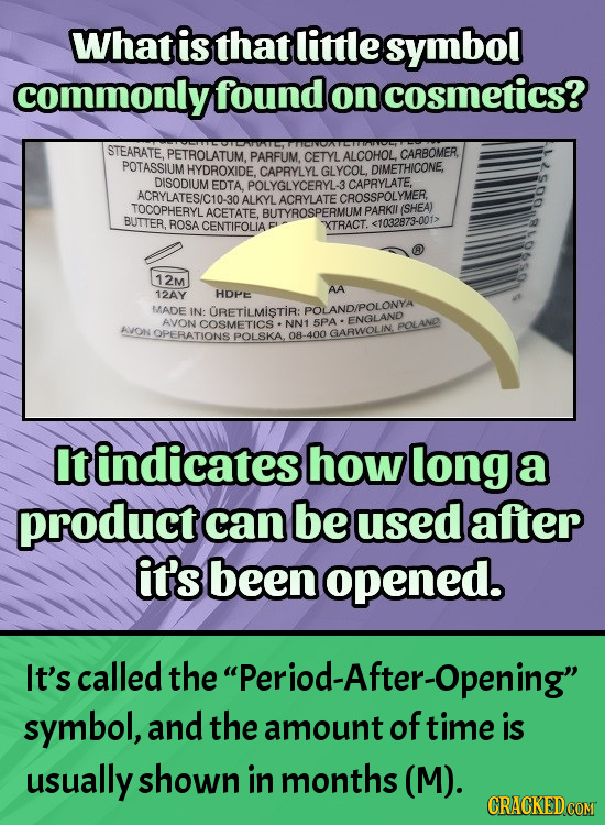 Whatis that little symbol commonly found oncosmetics? STEARATE, PETROLATUM, CARBOMER, PARFUM. CETYL ALCOHOL. POTASSIUM HYDROXIDE. CAPRYLYL GLYCOL. DIM