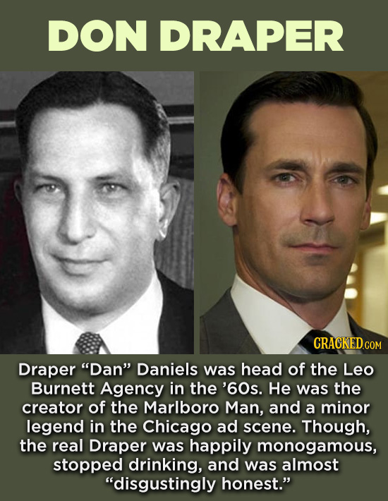20 Characters You Never Realized Are Based On Real People - Draper “Dan” Daniels was head of the Leo Burnett Agency in the ’60s. He was the creator of
