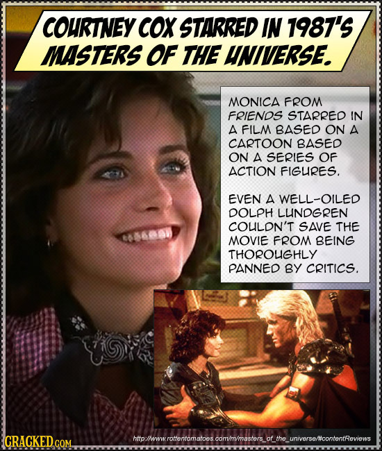 COURTNEY COX STARRED IN 1987'S MASTERS OF THE UNIVERSE. MONICA FROM FRIENOS STARRED IN A FILM BASED ON A CARTOON BASED ON A SERIES OF ACTION FIGURES.
