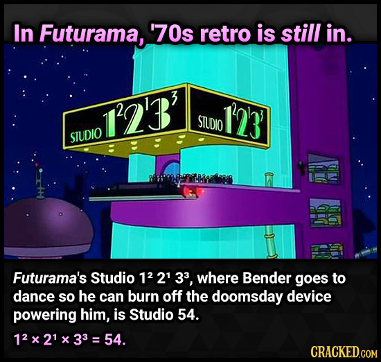 In Futurama, 70s retro is still in. 12B 13 STUDIO STUDIO Futurama's Studio 12 21 33, where Bender goes to dance so he can burn off the doomsday device