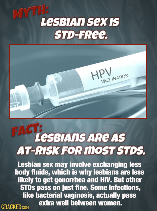 MYTH: LESBIAn sex IS STD-FREE. HPV VACCINATION FACT: LESBIANSARe AS AT-RISK FOR MOsT STDS. Lesbian sex may involve exchanging less body fluids, which