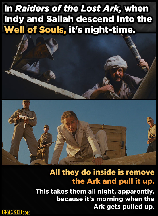 In Raiders of the Lost Ark, when Indy and Sallah descend into the Well of Souls, it's night-time. All they do inside is remove the Ark and pull it up.