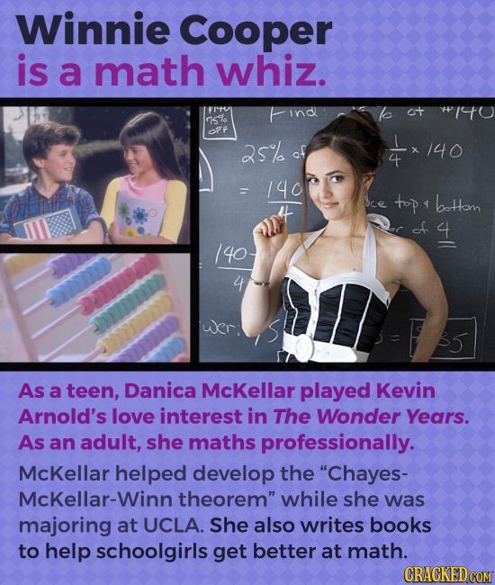 Winnie Cooper is a math whiz. indl ot TO 7 OFF 25% af 140 140 bee top bHom 4 of 4 40 4 B5 As a teen, Danica McKellar played Kevin Arnold's love intere