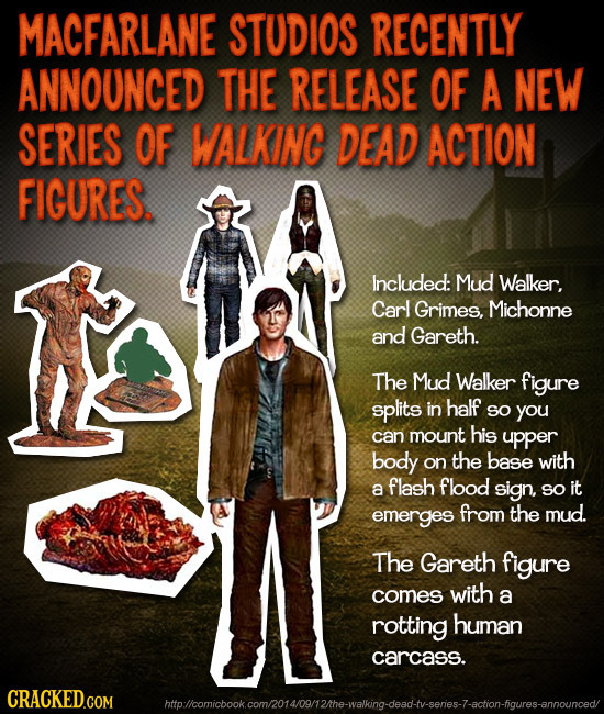 MACFARLANE STUDIOS RECENTLY ANNOUNCED THE RELEASE OF A NEW SERIES OF WALKING DEAD ACTION FIGURES. Included: Mud Walker, Carl Grimes, Michonne and Gare