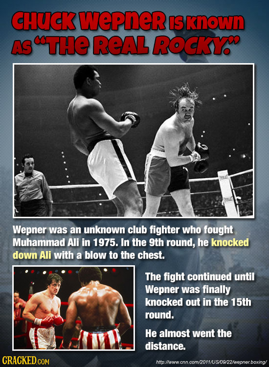 CHUCK WePneR IS known AS STHE REAL ROCKY Wepner was an unknown club fighter who fought Muhammad Ali in 1975. In the 9th round, he knocked down Ali wit