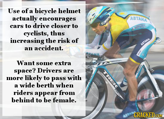 Use of a bicycle helmet actually encourages ASTANA ASTANA car's to drive closer to CIRO weye ot cyclists, thus increasing the risk of an accident. AST
