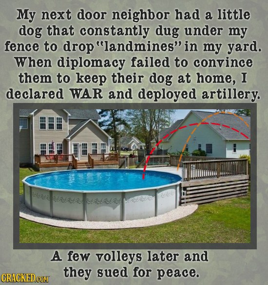 My next door neighbor had a little dog that constantly dug under my fence to drop landmines in my yard. When diplomacy failed to convince them to ke