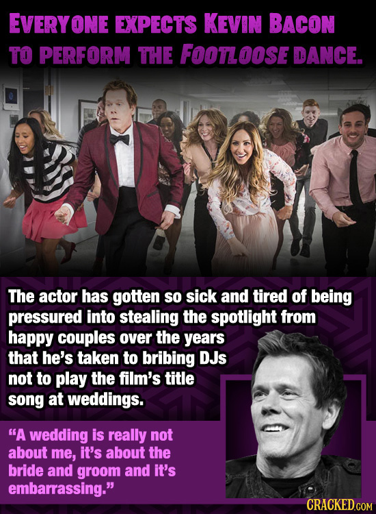 EVERY ONE EXPECTS KEVIN BACON TO PERFORM THE FOOTLOOSE DANCE. The actor HAS gotten sO sick and tired of being pressured into stealing the spotlight fr