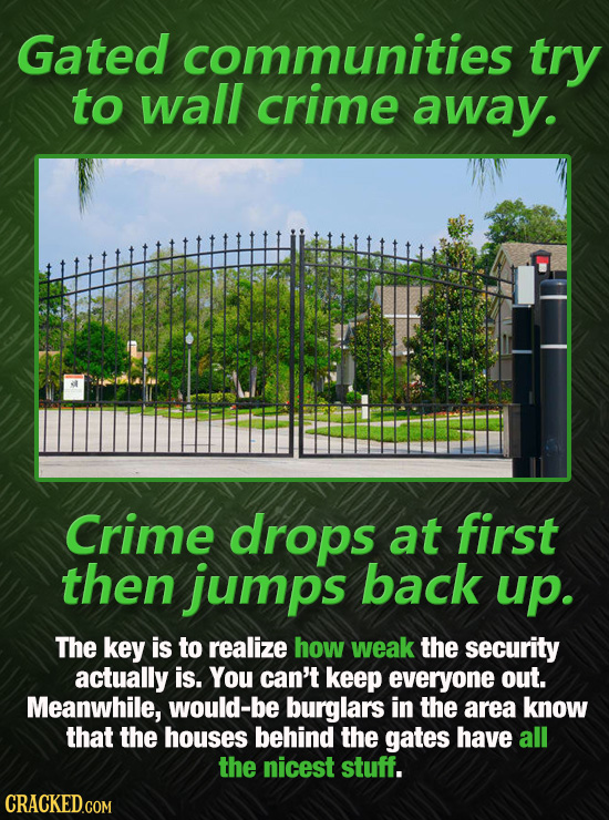 Gated communities try to wall crime away. Crime drops at first then jumps back up. The key is to realize how weak the security actually is. You can't