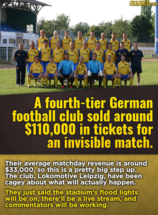 Esk ESK sK FSkI 1K1 ESki ESKi VESk Esk ESkl ESKI EKI ESAI A fourth-tier German football club sold around $110,000 in tickets for an invisible match. T
