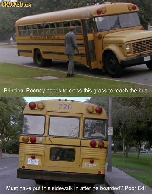 CRACKEDcO COM MYN 8R05 Principal Rooney needs to cross this grass to reach the bus. 720 26180 6a Must have put this sidewalk in after he boarded? Poo