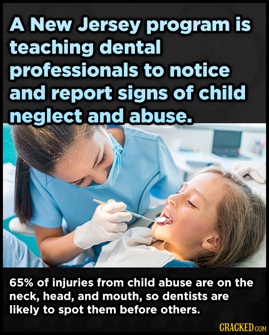 A New Jersey program is teaching dental professionals to notice and report signs of child neglect and abuse. 65% of injuries from child abuse are on t