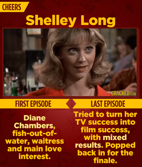 CHEERS Shelley Long CRACKEDC COM FIRST EPISODE LAST EPISODE Tried to turn her Diane TV into Chambers, success film fish-out-of- success, with mixed wa