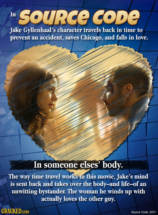 In Source CODE Jake Gyllenhaal's character travels back in time to prevent an accident, saves Chicago, and falls in love. In someone elses' body. The