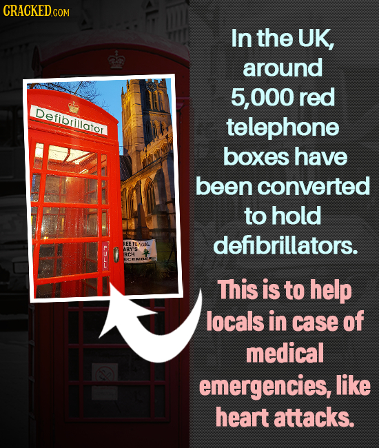 CRACKED COM In the UK, around 6,000 red Defibrillator telephone boxes have been converted to hold defibrillators. REE FETNAL ARY'S RCH tr This is to h