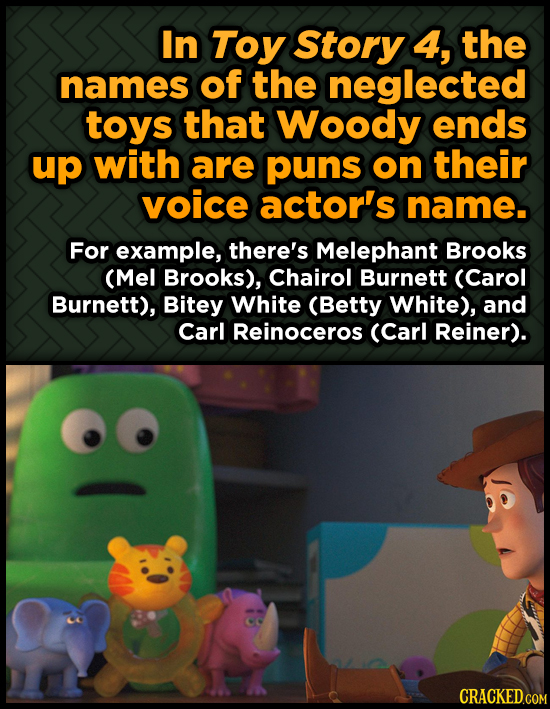 In Toy Story 4, the names of the neglected toys that Woody ends up with are puns on their voice actor's name. For example, there's Melephant Brooks (M