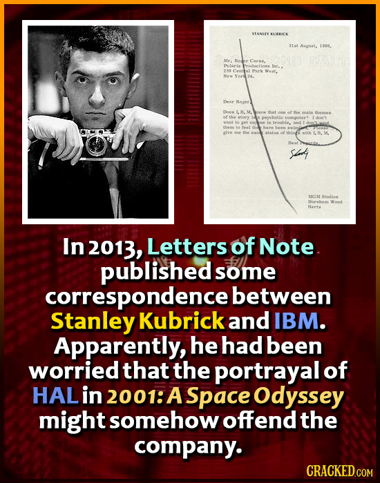 STANLEY KUBRICK 31at Awgust. 1956. Mr. Rom Caras. Polaris 29 Centtal ark Ne Yore24. Dear Revee Des LEL that the Tnain a pyehotie compter? I et Crsuibl