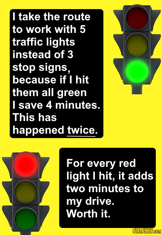 I take the route to work with 5 traffic lights instead of 3 stop signs, because if I hit them all green I save 4 minutes. This has happened twice. For