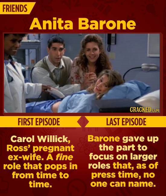 FRIENDS Anita Barone CRACKEDC COM FIRST EPISODE LAST EPISODE Carol Willick, Barone gave up Ross' pregnant the part to ex-wife. A fine focus on larger