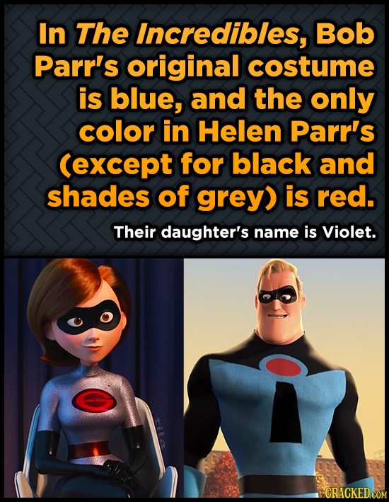 In The Incredibles, Bob Parr's original costume is blue, and the only color in Helen Parr's (except for black and shades of grey) is red. Their daught