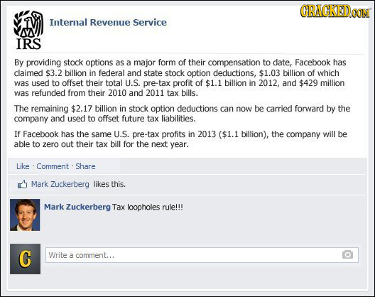 CRACKED Internal Revenue Service IRS By providing stock options as a major form of their compensation to date, Facebook has claimed $3.2 billion in fe