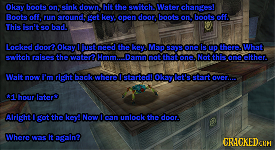 Okay boots on, sink down, hit the switch. Water changes! Boots off, run around, get key, open door, boots on, boots off. This isn't SO bad. Locked doo