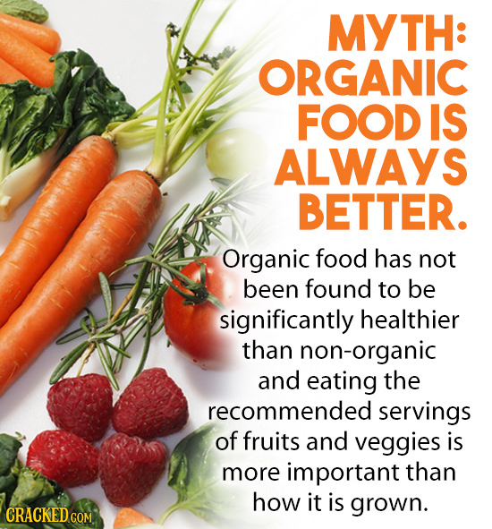 MYTH: ORGANIC FOOD IS ALWAYS BETTER. Organic food has not been found to be significantly healthier than non-organic and eating the recommended serving