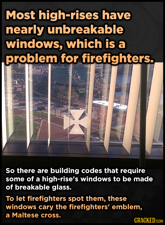 Most high-rises have nearly unbreakable windows, which is a problem for firefighters.. So there are building codes that require some of a high-rise's