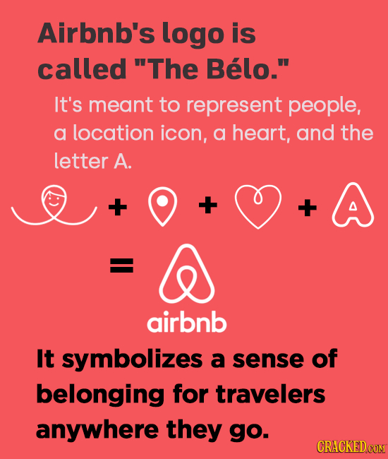 Airbnb's logo is called 'The Belo. It's meant to represent people, a location icon, a heart, and the letter A. + + + airbnb It symbolizes a sense of