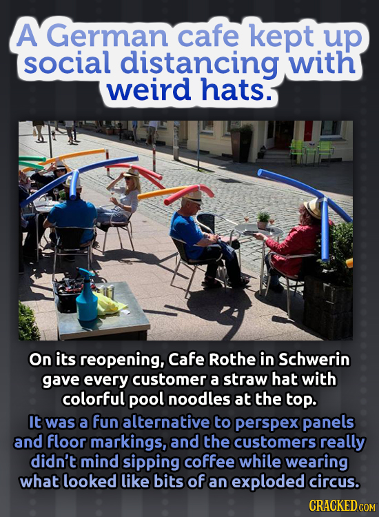 A German cafe kept up social distancing with weird hats. On its reopening, Cafe Rothe in Schwerin gave every customer a straw hat with colorful pool n