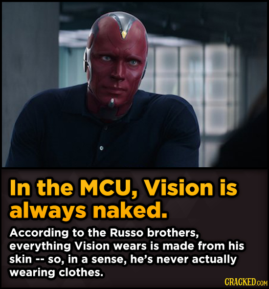 Surprising Revelations About Movies From The People Who Made Them - In the MCU, Vision is always naked. According to the Russo brothers,