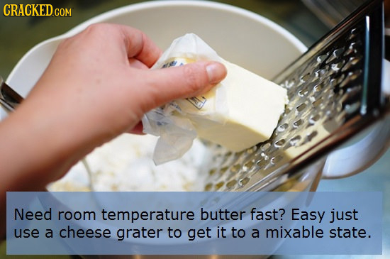 Need room temperature butter fast? Easy just use a cheese grater to get it to a mixable state.