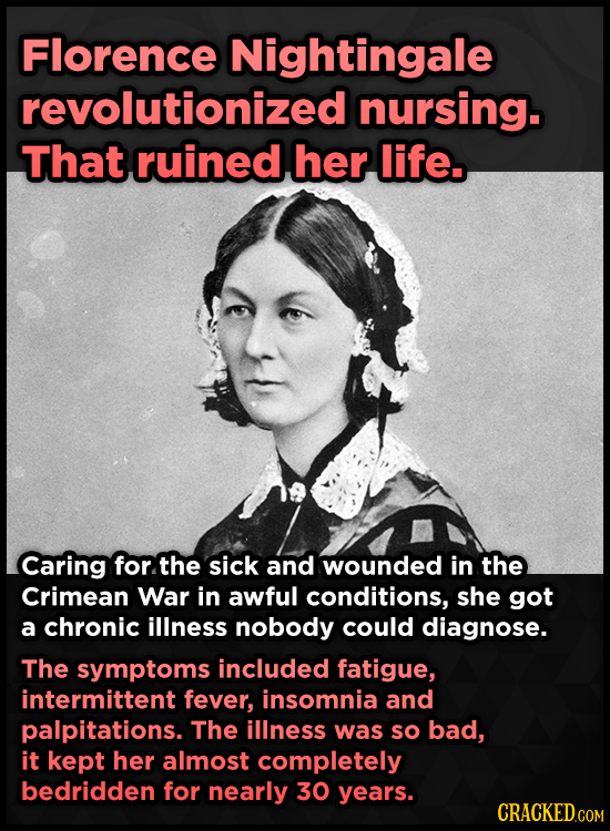 Florence Nightingale revolutionized nursing. That ruined her life. Caring for. the sick and wounded in the Crimean War in awful conditions, she got a 