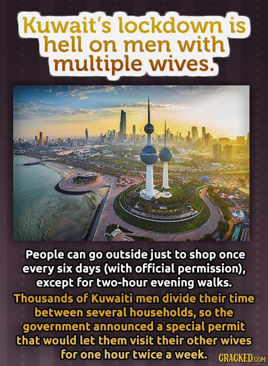 Kuwait's lockdown is hell on men with multiple wives. People can go outside just to shop once every six days (with official permission), except for tw