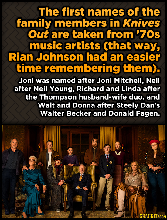 The first names of the family members in Knives Out are taken from '70s music artists (that way, Rian Johnson had an easier time remembering them). Jo
