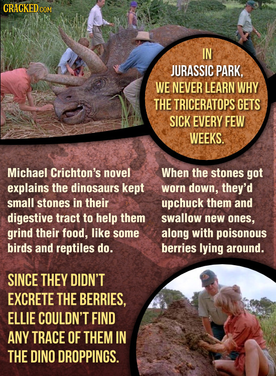CRACKED  COM IN JURASSIC PARK, WE NEVER LEARN WHY THE TRICERATOPS GETS SICK EVERY FEW WEEKS. Michael Crichton's novel When the stones got explains the