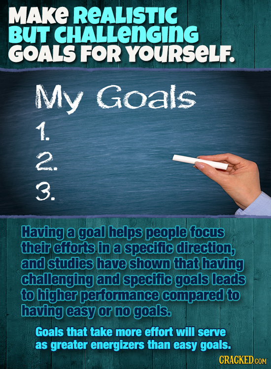 MAKE REALISTIC BUT CHALLENGING GOALS FOR YOURSELF. My Goals 1. 2. 3. Having a goal helps people focus their efforts. in a specific direction, and stud