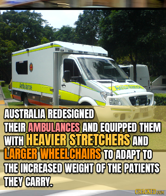 Arbulance AUSTRALIA REDESIGNED THEIR AMBULANCES AND EQUIPPED THEM WITH HEAVIER STRETCHERS AND LARGER WHEELCHAIRS TO ADAPT TO THE INCREASED WEIGHT OF T