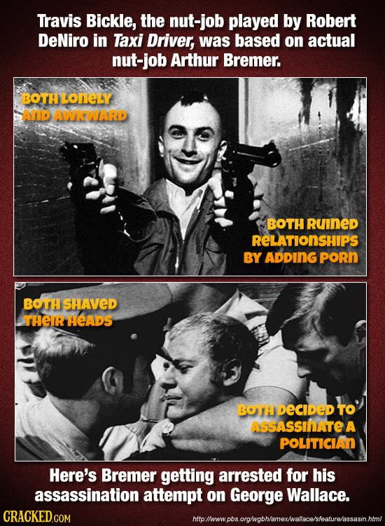 Travis Bickle, the nut-job played by Robert DeNiro in Taxi Driver, was based on actual nut-job Arthur Bremer. OTHLONELY AND AWKWIARD BOTH RuINED RELAT