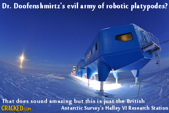 Dr. Doofensh hmirtz's evil army of robotic platypodes? That does sound amazing but this is just the British CRACKEDO COM Antarctic Survey's Halley VI