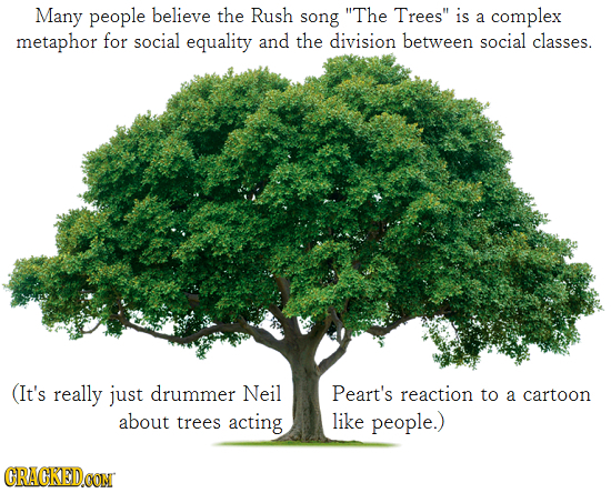 Many people believe the Rush song The Trees is a complex metaphor for social equality and the division between social classes. (It's really just dru