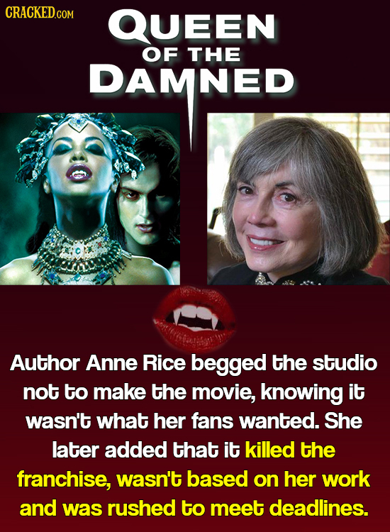 QUEEN DAMNED OF THE DAMNED Author Anne Rice begged the studio not to make the movie, knowing it wasn't what her fans wanted. She later added that it k