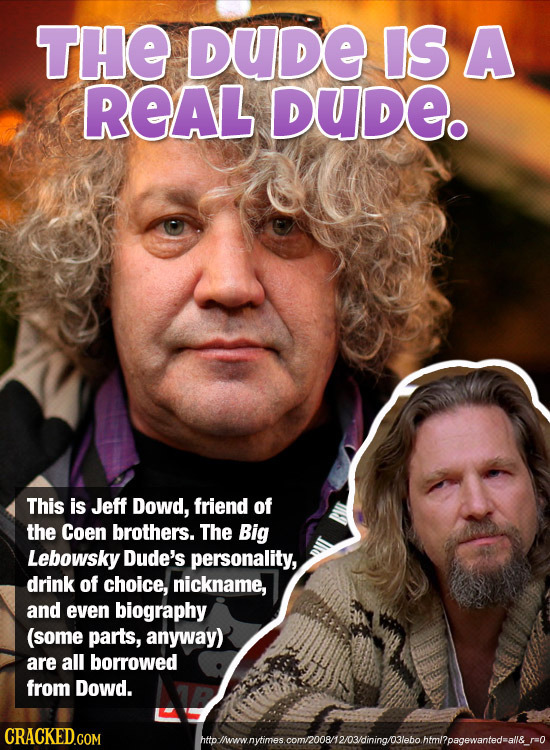 THE DUDE IS A REAL DUDE. This is Jeff Dowd, friend of the Coen brothers. The Big Lebowsky Dude's personality, drink of choice, nickname, and even biog