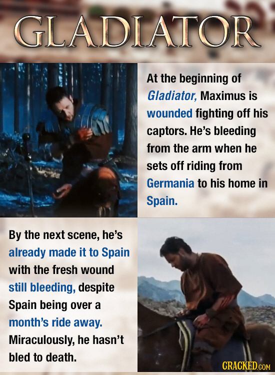 GLADIATOR At the beginning of Gladiator, Maximus is wounded fighting off his captors. He's bleeding from the arm when he sets off riding from Germania