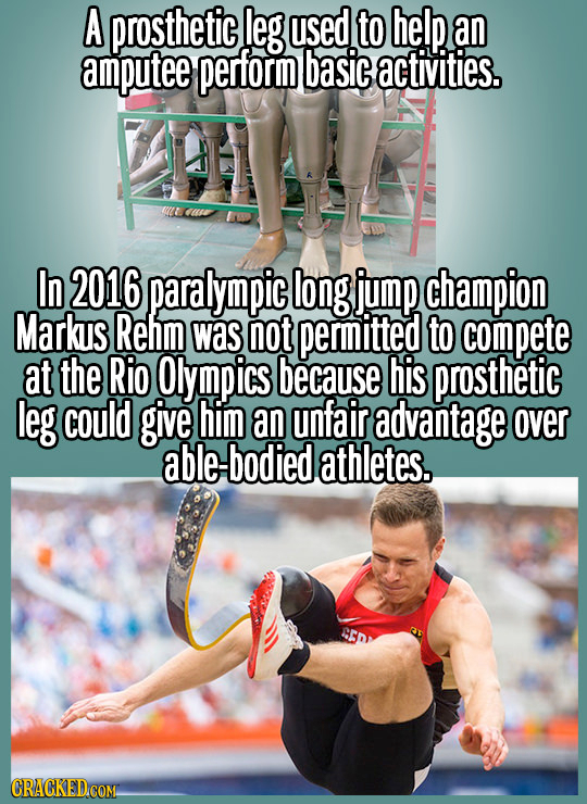 A prosthetic leg used to help an amputee perform basic activities. In 2016 paralympic long jump champion Markus Rehm was not permitted to compete at t