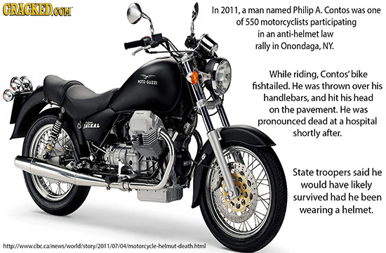 CRAGKEDOON In 2011, man named A. a Philip Contos was one of 550 motorcyclists participating in an anti-helmet law rally in Onondaga, NY. While riding,